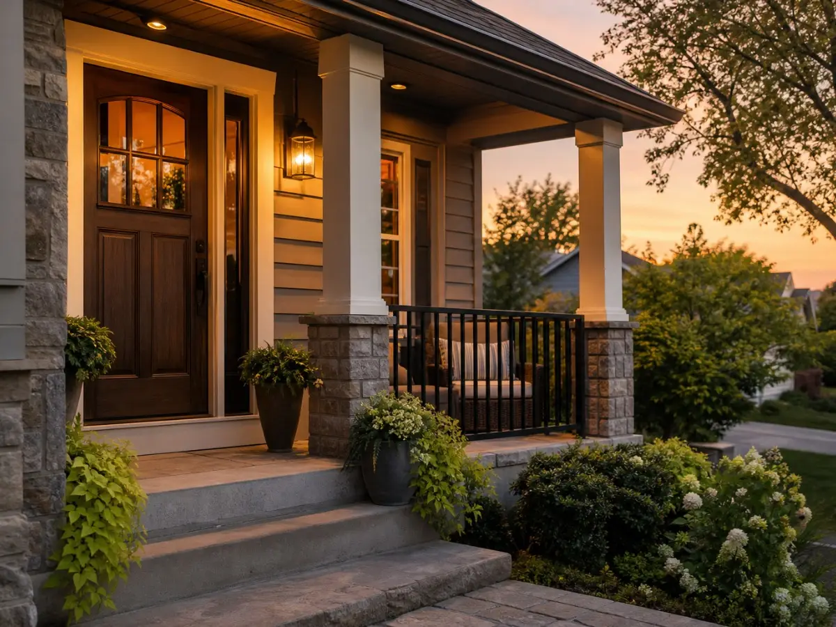 Front porch and wooden front door of a home at dusk