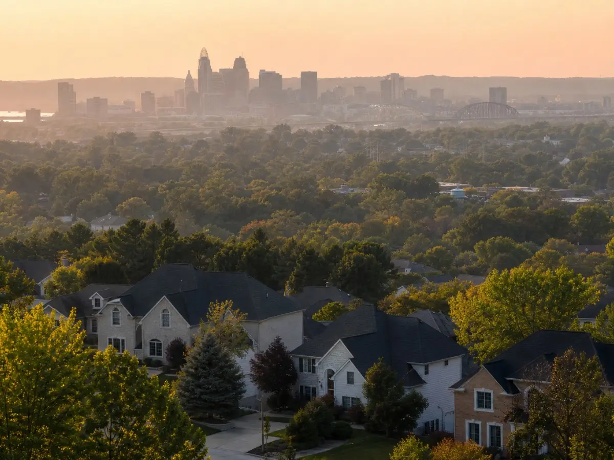 Suburban homes at sunrise with the Cincinnati skyline in the distance