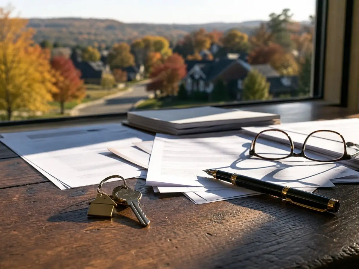 House keys, papers and reading glasses on a desk by a window overlooking a suburban street in fall